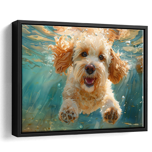 Cockapoo Funny Dog Underwater Watercolor, Funny Pet Art, Floating Framed Canvas Print Wall Art