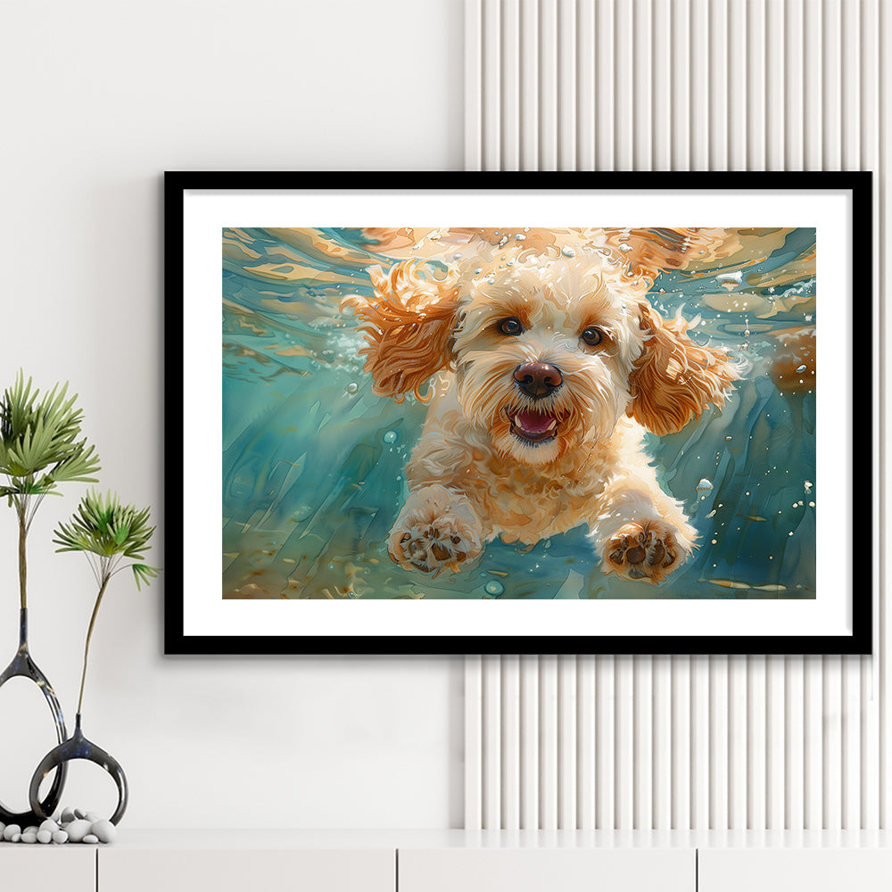Cockapoo Funny Dog Underwater Watercolor, Funny Pet Art, Framed Art Print White Border Wall Decor