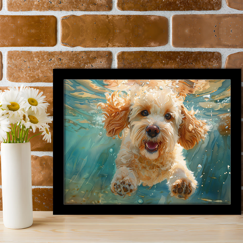 Cockapoo Funny Dog Underwater Watercolor, Funny Pet Art, Framed Art Print Wall Decor, Framed Picture