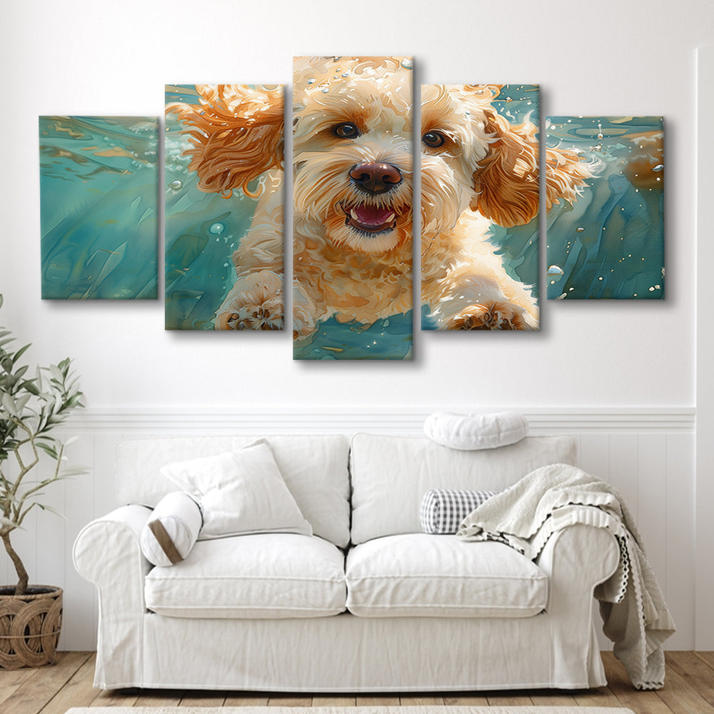 Cockapoo Funny Dog Underwater Watercolor, Funny Pet Art, Mixed Panels Canvas Print Wall Art