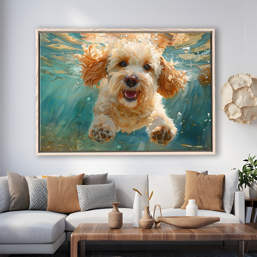 Cockapoo Funny Dog Underwater Watercolor, Funny Pet Art, Floating Framed Canvas Print Wall Art
