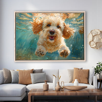Cockapoo Funny Dog Underwater Watercolor, Funny Pet Art, Floating Framed Canvas Print Wall Art