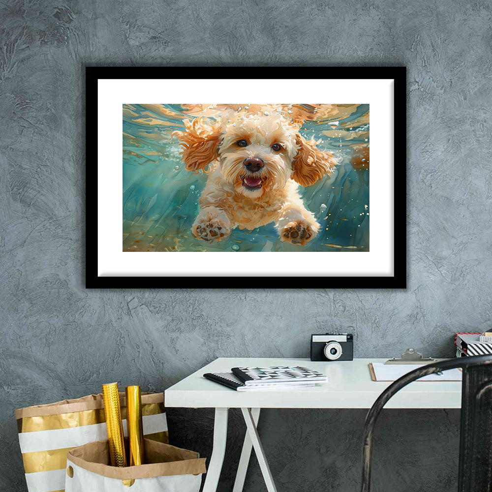 Cockapoo Funny Dog Underwater Watercolor, Funny Pet Art, Framed Art Print White Border Wall Decor