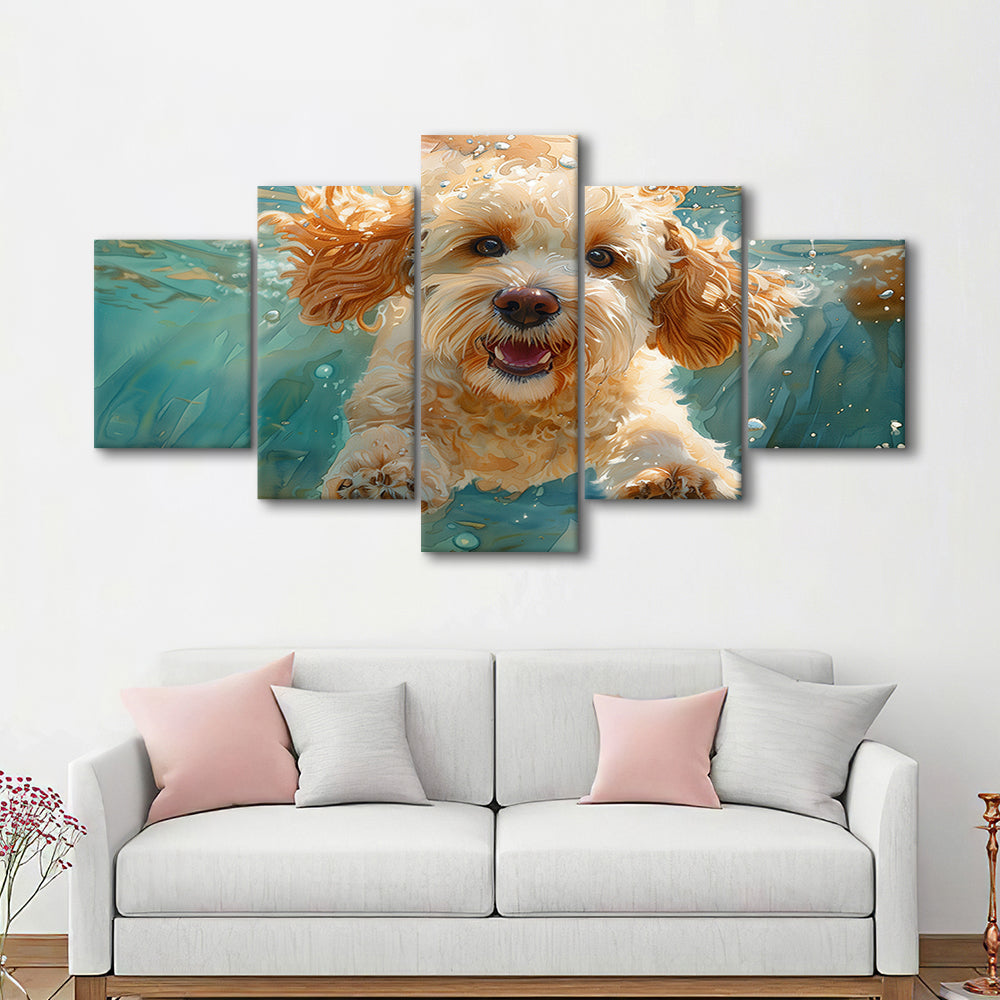 Cockapoo Funny Dog Underwater Watercolor, Funny Pet Art, Mixed Panels Canvas Print Wall Art