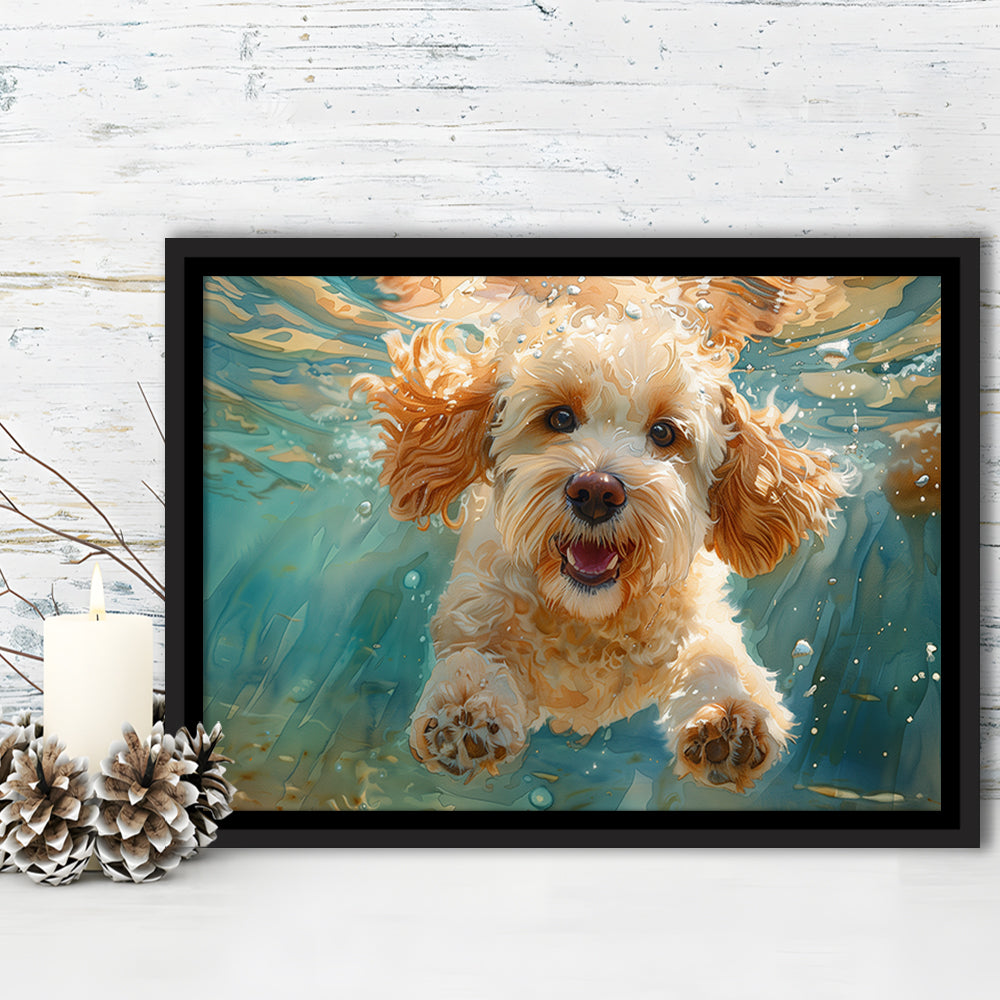 Cockapoo Funny Dog Underwater Watercolor, Funny Pet Art, Floating Framed Canvas Print Wall Art