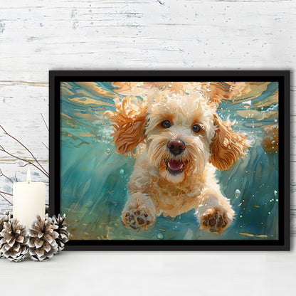 Cockapoo Funny Dog Underwater Watercolor, Funny Pet Art, Floating Framed Canvas Print Wall Art