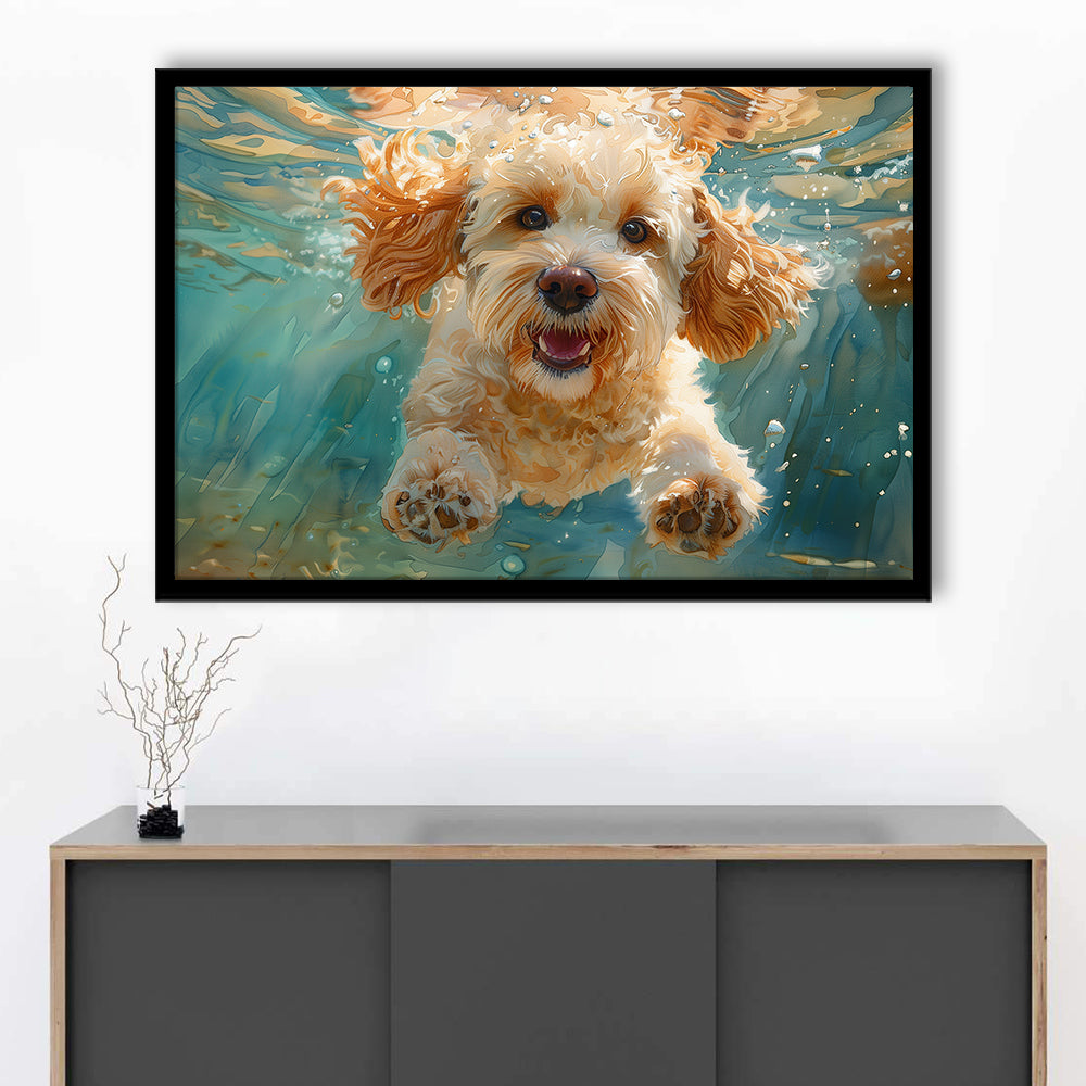 Cockapoo Funny Dog Underwater Watercolor, Funny Pet Art, Framed Art Print Wall Decor, Framed Picture