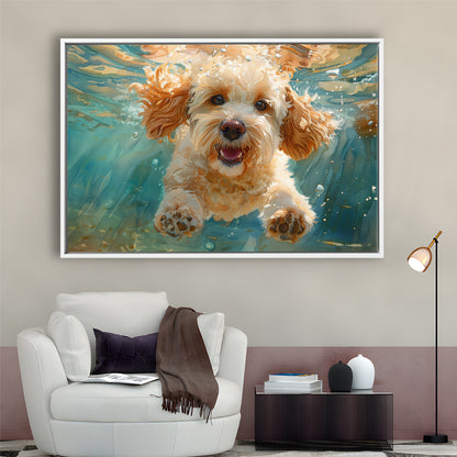 Cockapoo Funny Dog Underwater Watercolor, Funny Pet Art, Floating Framed Canvas Print Wall Art