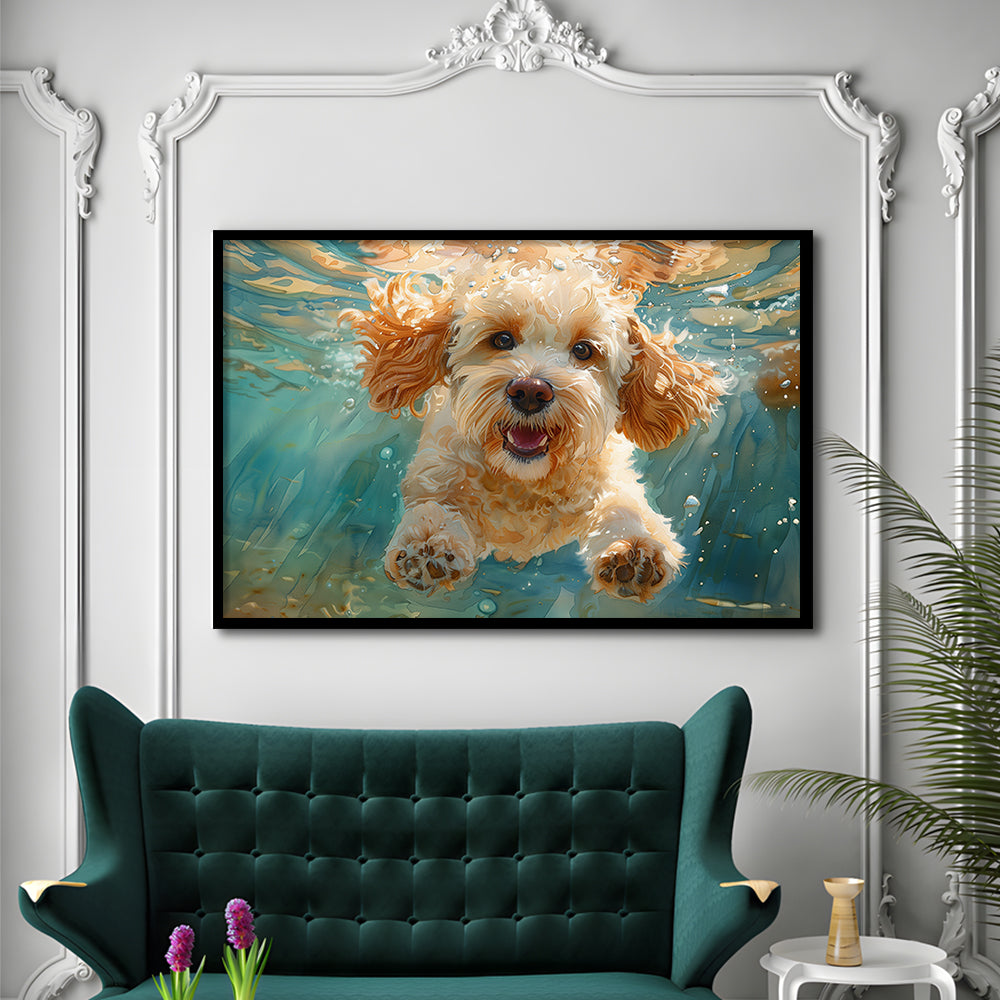 Cockapoo Funny Dog Underwater Watercolor, Funny Pet Art, Framed Art Print Wall Decor, Framed Picture