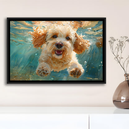 Cockapoo Funny Dog Underwater Watercolor, Funny Pet Art, Floating Framed Canvas Print Wall Art