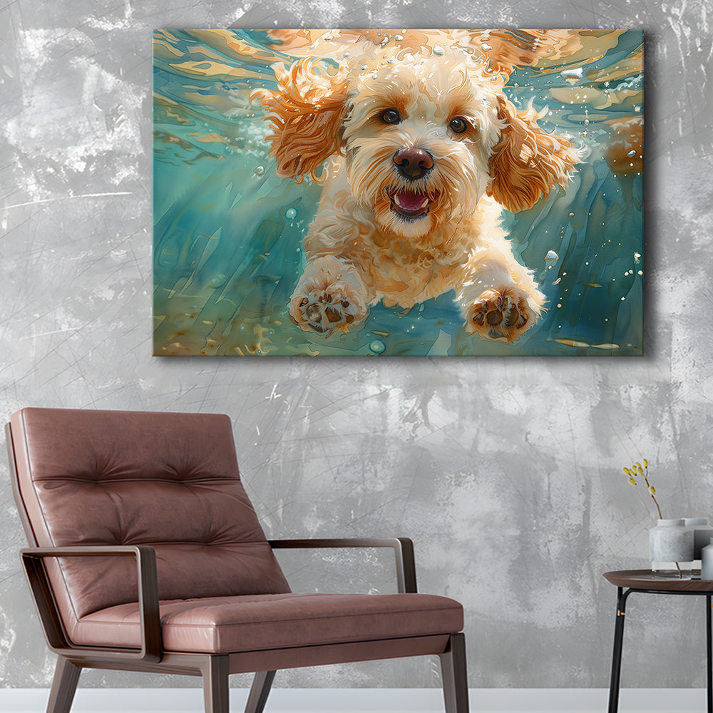 Cockapoo Funny Dog Underwater Watercolor, Funny Pet Art, Canvas Print Wall Art Home Decor
