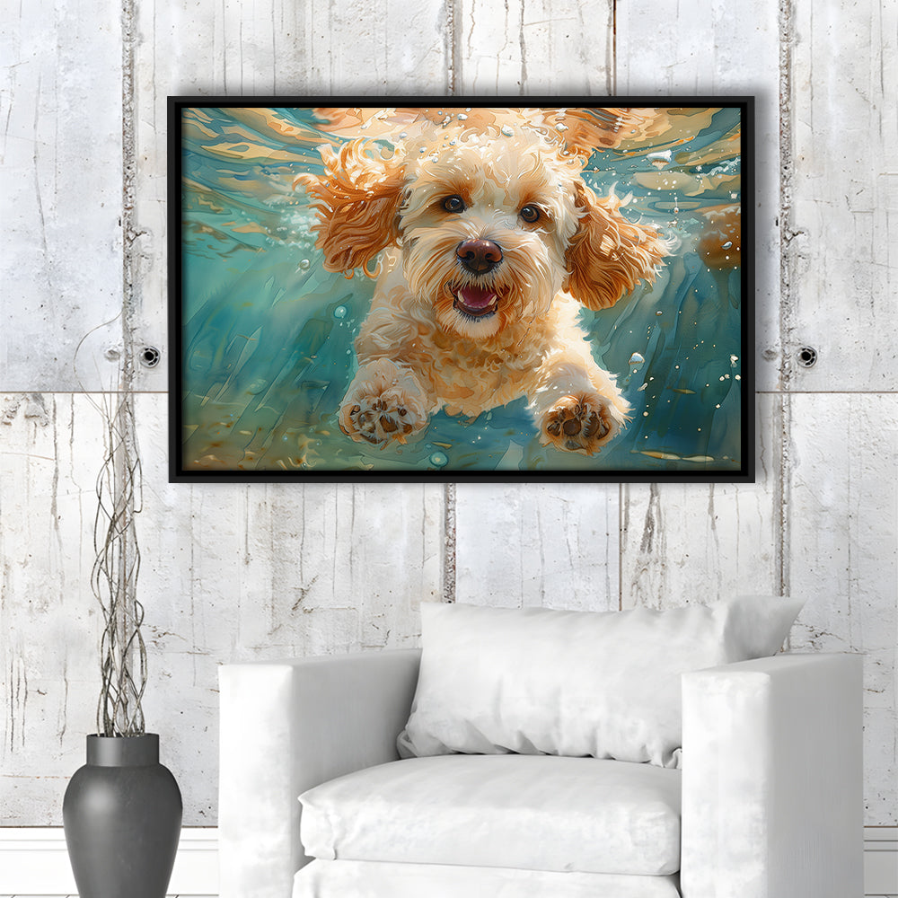 Cockapoo Funny Dog Underwater Watercolor, Funny Pet Art, Floating Framed Canvas Print Wall Art