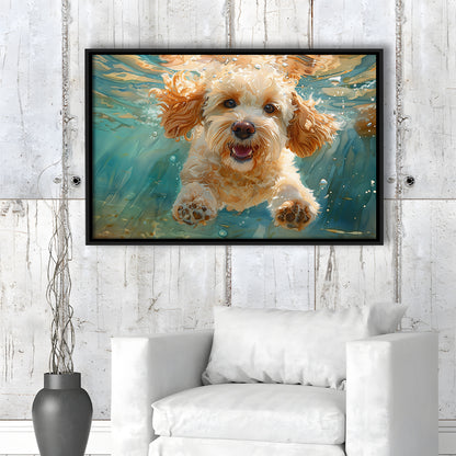 Cockapoo Funny Dog Underwater Watercolor, Funny Pet Art, Floating Framed Canvas Print Wall Art