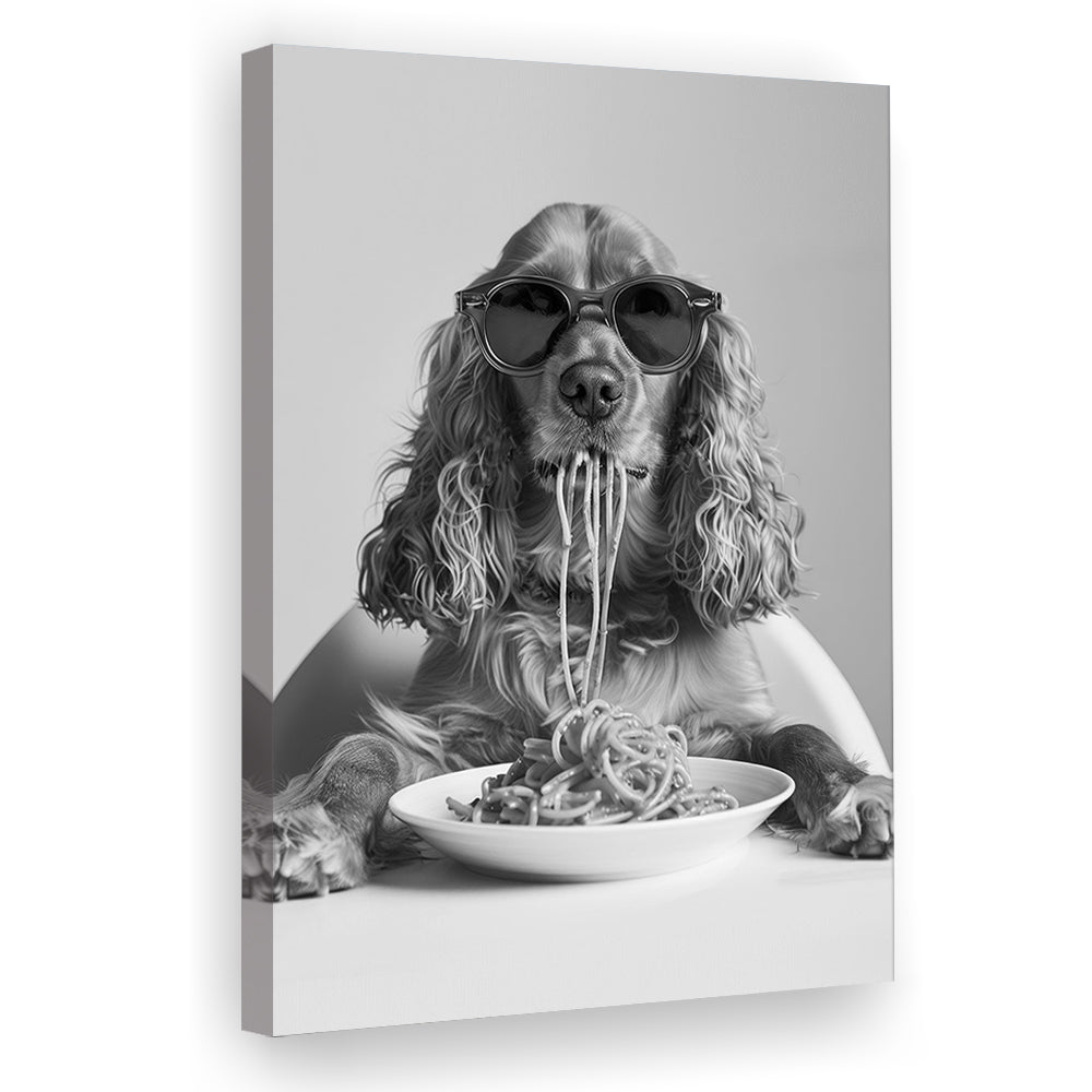 Cocker Spaniel Eating Pasta Canvas Print Wall Art, Spaghetti Print, Black and White, Food Print, Kitchen Wall Decor