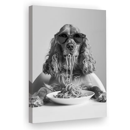 Cocker Spaniel Eating Pasta Canvas Print Wall Art, Spaghetti Print, Black and White, Food Print, Kitchen Wall Decor