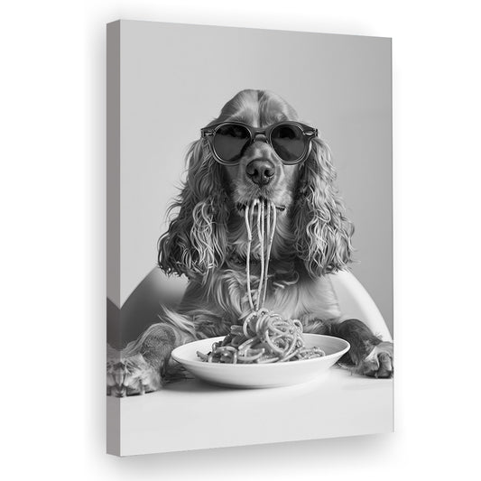 Cocker Spaniel Eating Pasta Canvas Print Wall Art, Spaghetti Print, Black and White, Food Print, Kitchen Wall Decor
