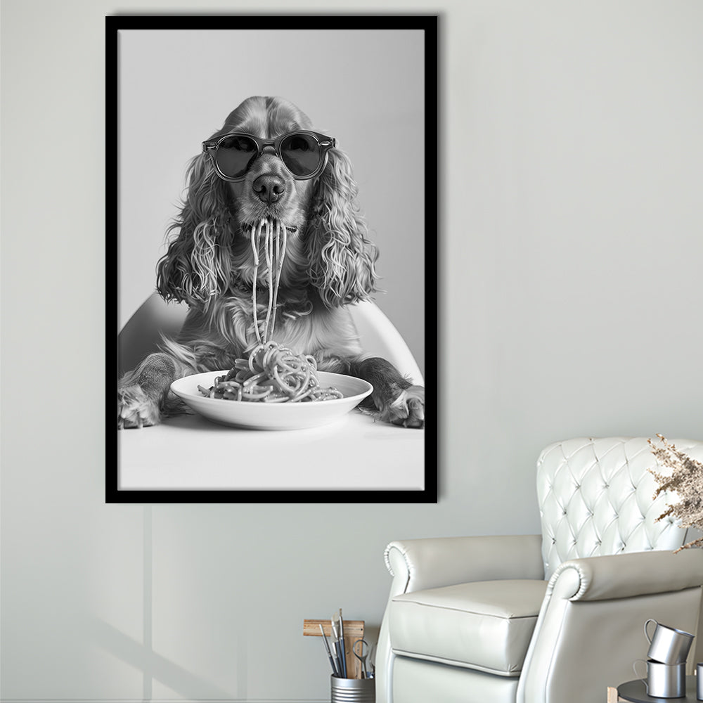 Cocker Spaniel Eating Pasta Framed Art Print Wall Decor, Spaghetti Print, Black and White, Food Print, Kitchen Wall Decor