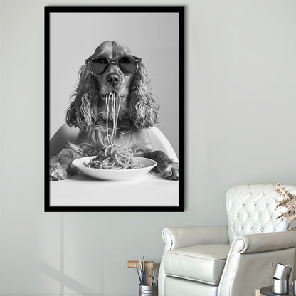 Cocker Spaniel Eating Pasta Framed Art Print Wall Decor, Spaghetti Print, Black and White, Food Print, Kitchen Wall Decor