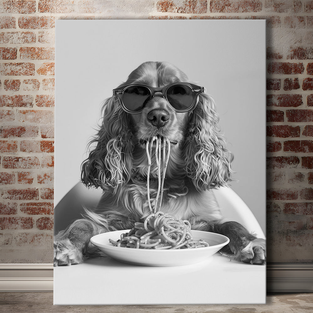 Cocker Spaniel Eating Pasta Canvas Print Wall Art, Spaghetti Print, Black and White, Food Print, Kitchen Wall Decor