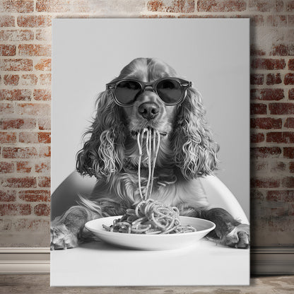 Cocker Spaniel Eating Pasta Canvas Print Wall Art, Spaghetti Print, Black and White, Food Print, Kitchen Wall Decor