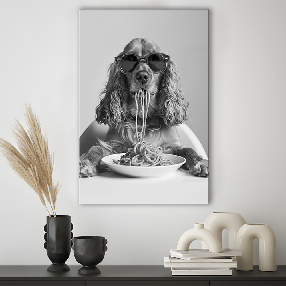 Cocker Spaniel Eating Pasta Canvas Print Wall Art, Spaghetti Print, Black and White, Food Print, Kitchen Wall Decor
