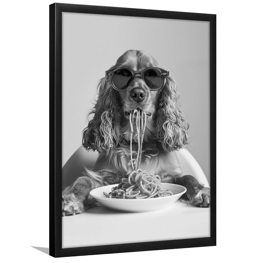 Cocker Spaniel Eating Pasta Framed Art Print Wall Decor, Spaghetti Print, Black and White, Food Print, Kitchen Wall Decor