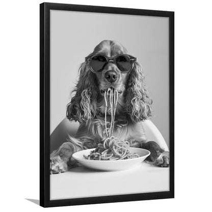 Cocker Spaniel Eating Pasta Framed Art Print Wall Decor, Spaghetti Print, Black and White, Food Print, Kitchen Wall Decor