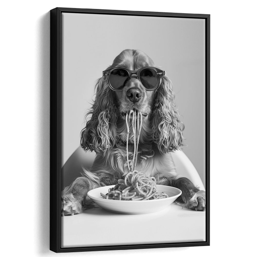 Cocker Spaniel Eating Pasta Framed Canvas Print Wall Art, Spaghetti Print, Black and White, Food Print, Kitchen Wall Decor