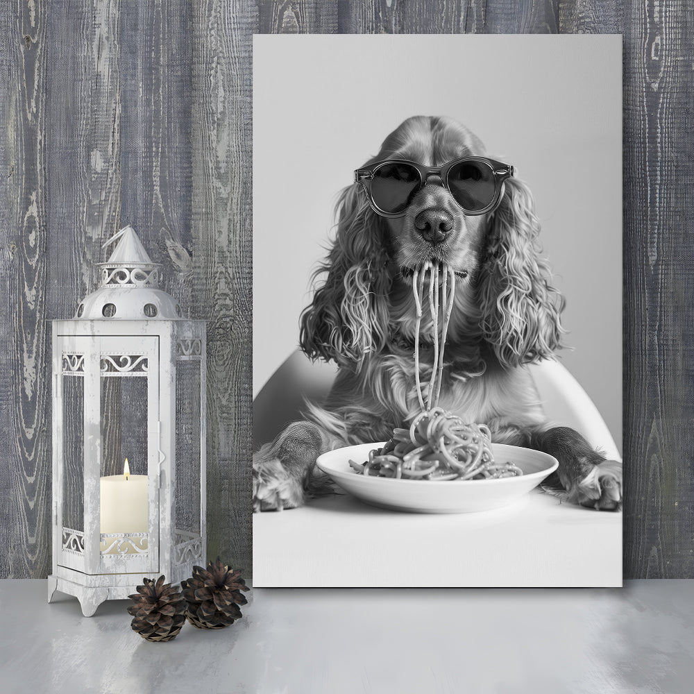 Cocker Spaniel Eating Pasta Canvas Print Wall Art, Spaghetti Print, Black and White, Food Print, Kitchen Wall Decor
