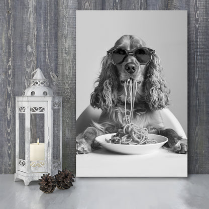 Cocker Spaniel Eating Pasta Canvas Print Wall Art, Spaghetti Print, Black and White, Food Print, Kitchen Wall Decor