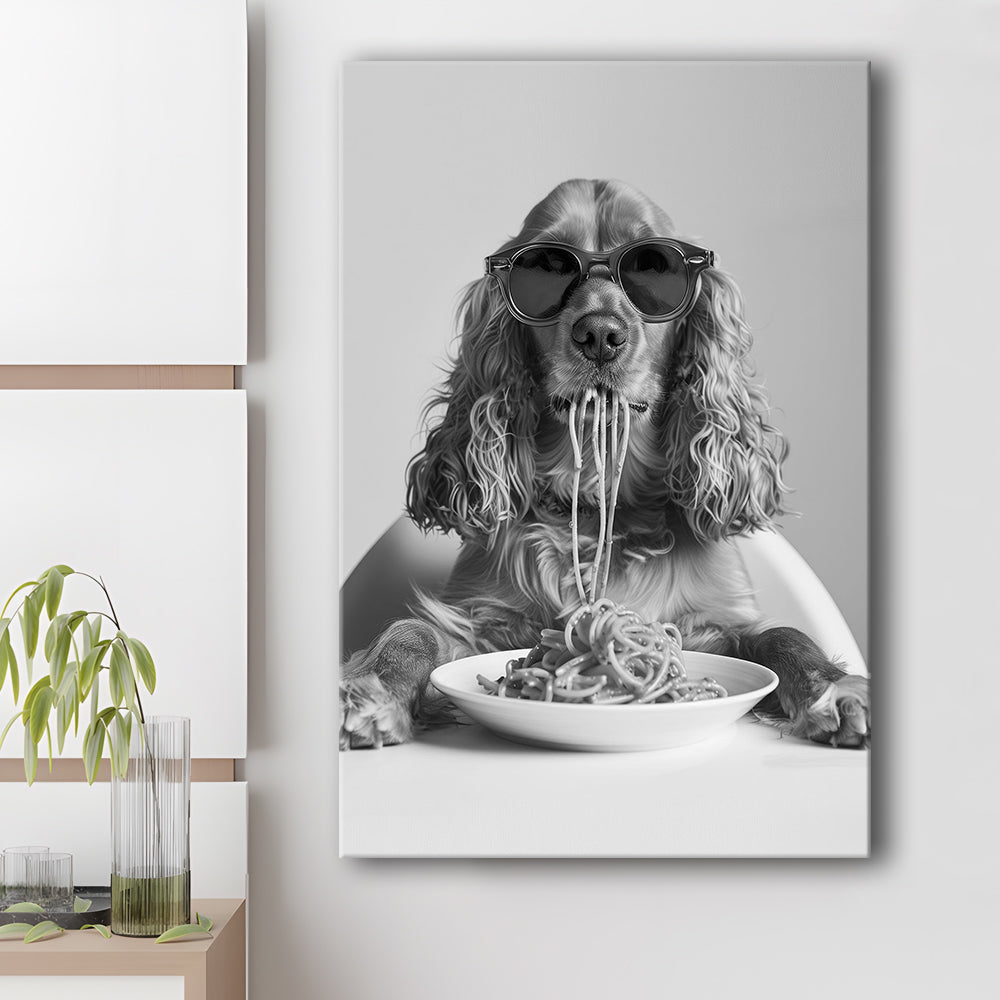 Cocker Spaniel Eating Pasta Canvas Print Wall Art, Spaghetti Print, Black and White, Food Print, Kitchen Wall Decor