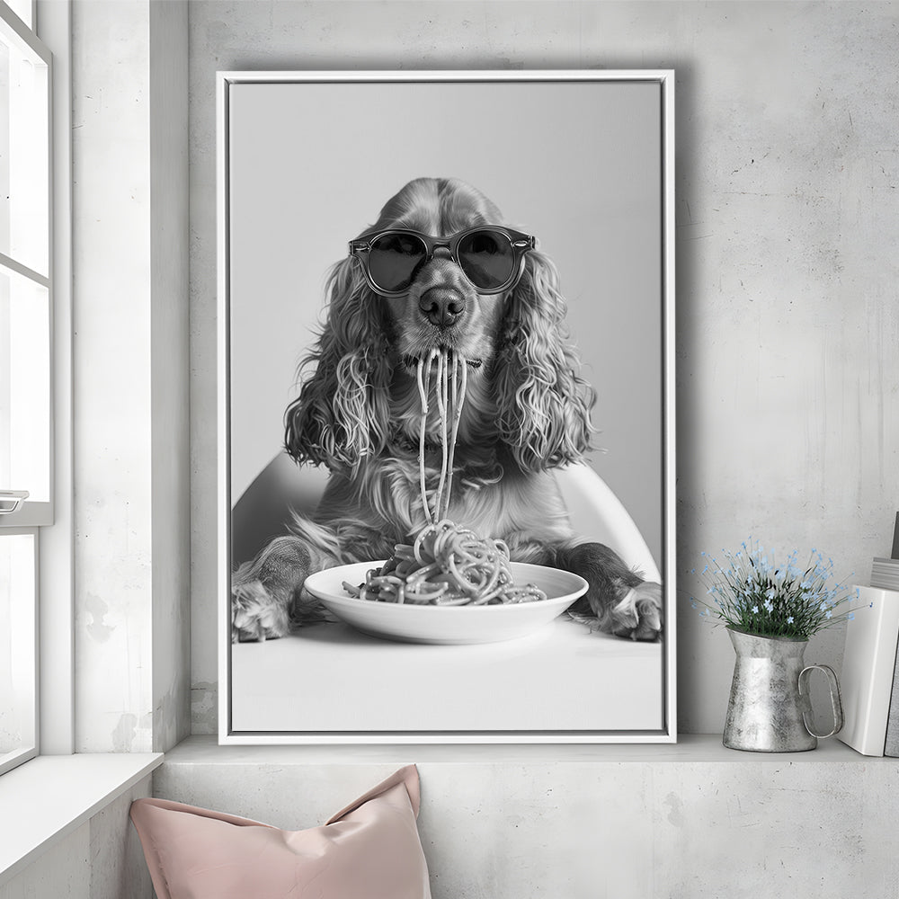 Cocker Spaniel Eating Pasta Framed Canvas Print Wall Art, Spaghetti Print, Black and White, Food Print, Kitchen Wall Decor