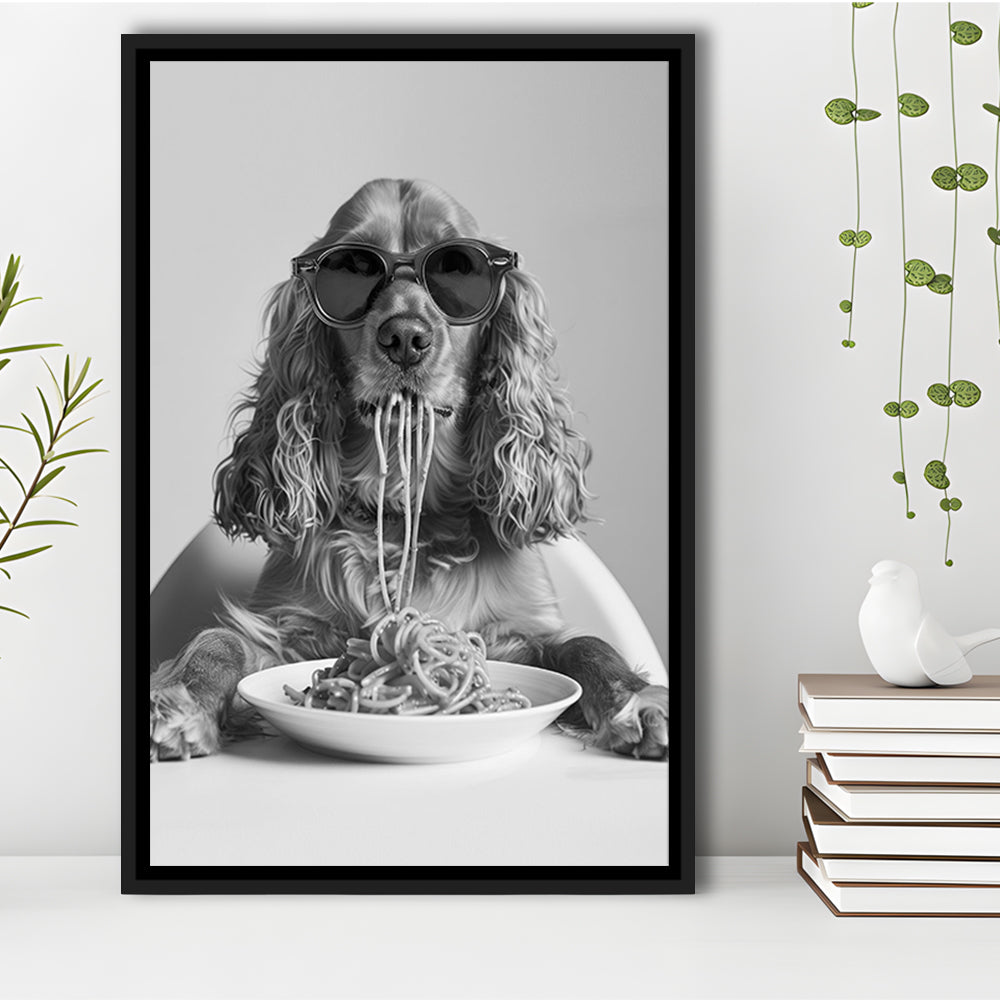 Cocker Spaniel Eating Pasta Framed Canvas Print Wall Art, Spaghetti Print, Black and White, Food Print, Kitchen Wall Decor