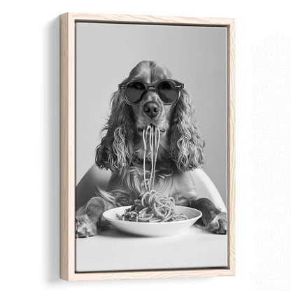Cocker Spaniel Eating Pasta Framed Canvas Print Wall Art, Spaghetti Print, Black and White, Food Print, Kitchen Wall Decor