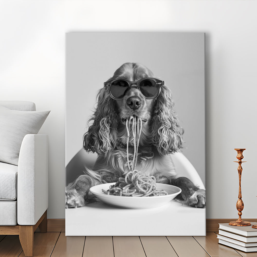 Cocker Spaniel Eating Pasta Canvas Print Wall Art, Spaghetti Print, Black and White, Food Print, Kitchen Wall Decor