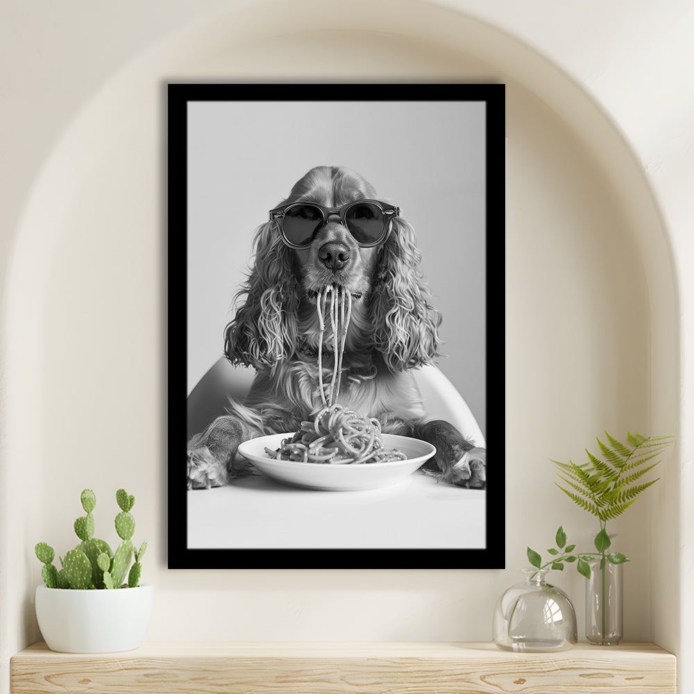 Cocker Spaniel Eating Pasta Framed Art Print Wall Decor, Spaghetti Print, Black and White, Food Print, Kitchen Wall Decor