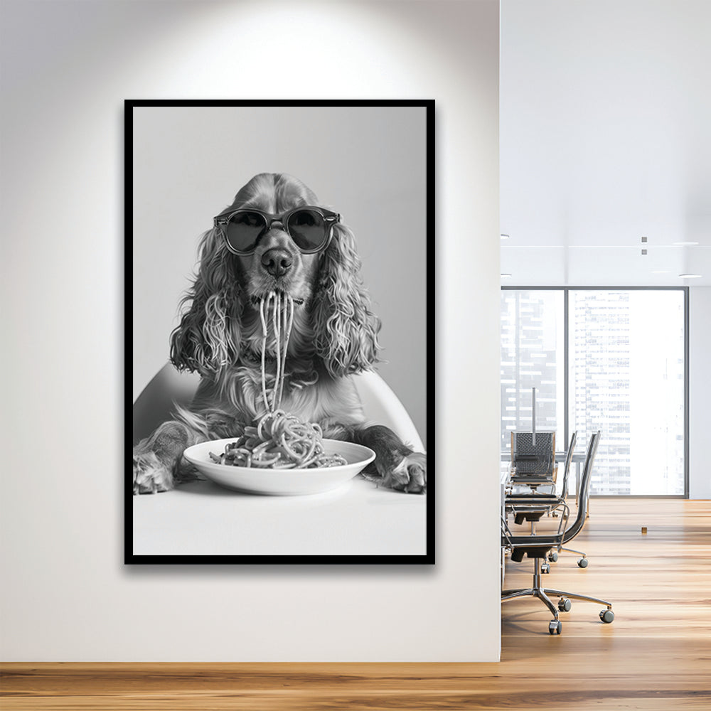 Cocker Spaniel Eating Pasta Framed Art Print Wall Decor, Spaghetti Print, Black and White, Food Print, Kitchen Wall Decor