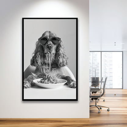 Cocker Spaniel Eating Pasta Framed Art Print Wall Decor, Spaghetti Print, Black and White, Food Print, Kitchen Wall Decor