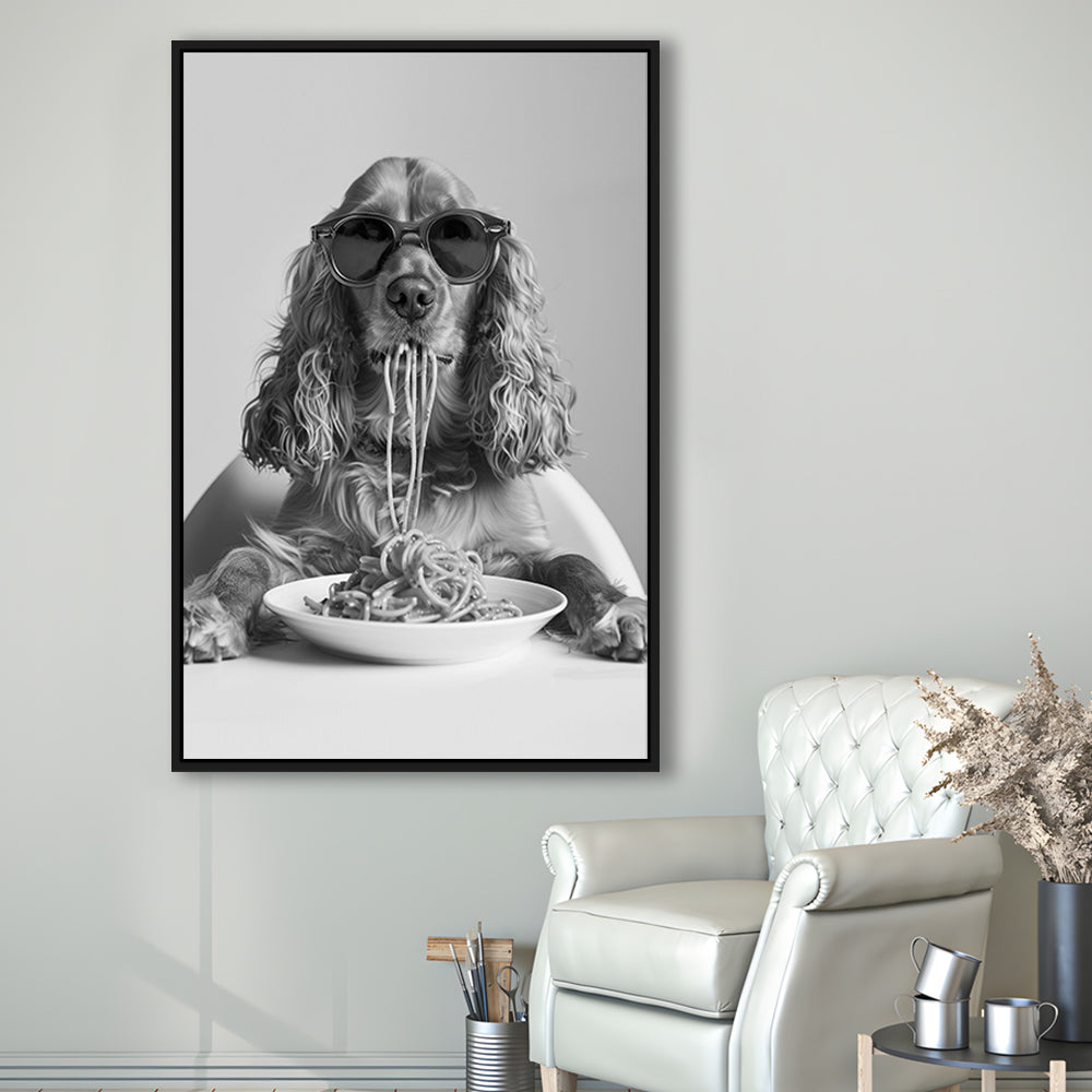 Cocker Spaniel Eating Pasta Framed Canvas Print Wall Art, Spaghetti Print, Black and White, Food Print, Kitchen Wall Decor