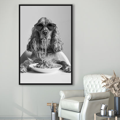 Cocker Spaniel Eating Pasta Framed Canvas Print Wall Art, Spaghetti Print, Black and White, Food Print, Kitchen Wall Decor