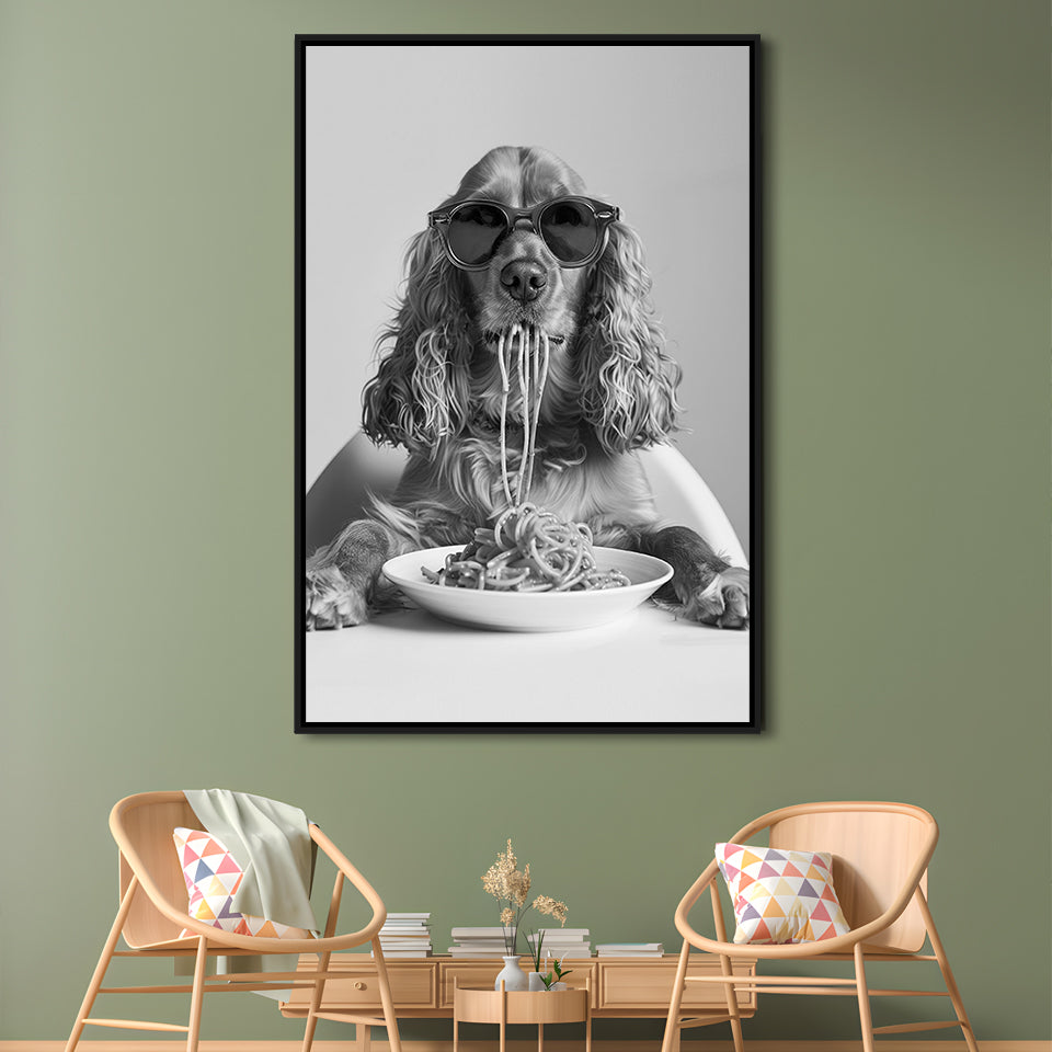 Cocker Spaniel Eating Pasta Framed Canvas Print Wall Art, Spaghetti Print, Black and White, Food Print, Kitchen Wall Decor