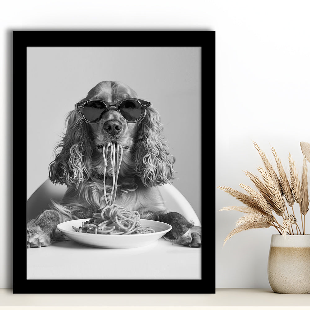 Cocker Spaniel Eating Pasta Framed Art Print Wall Decor, Spaghetti Print, Black and White, Food Print, Kitchen Wall Decor