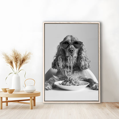 Cocker Spaniel Eating Pasta Framed Canvas Print Wall Art, Spaghetti Print, Black and White, Food Print, Kitchen Wall Decor