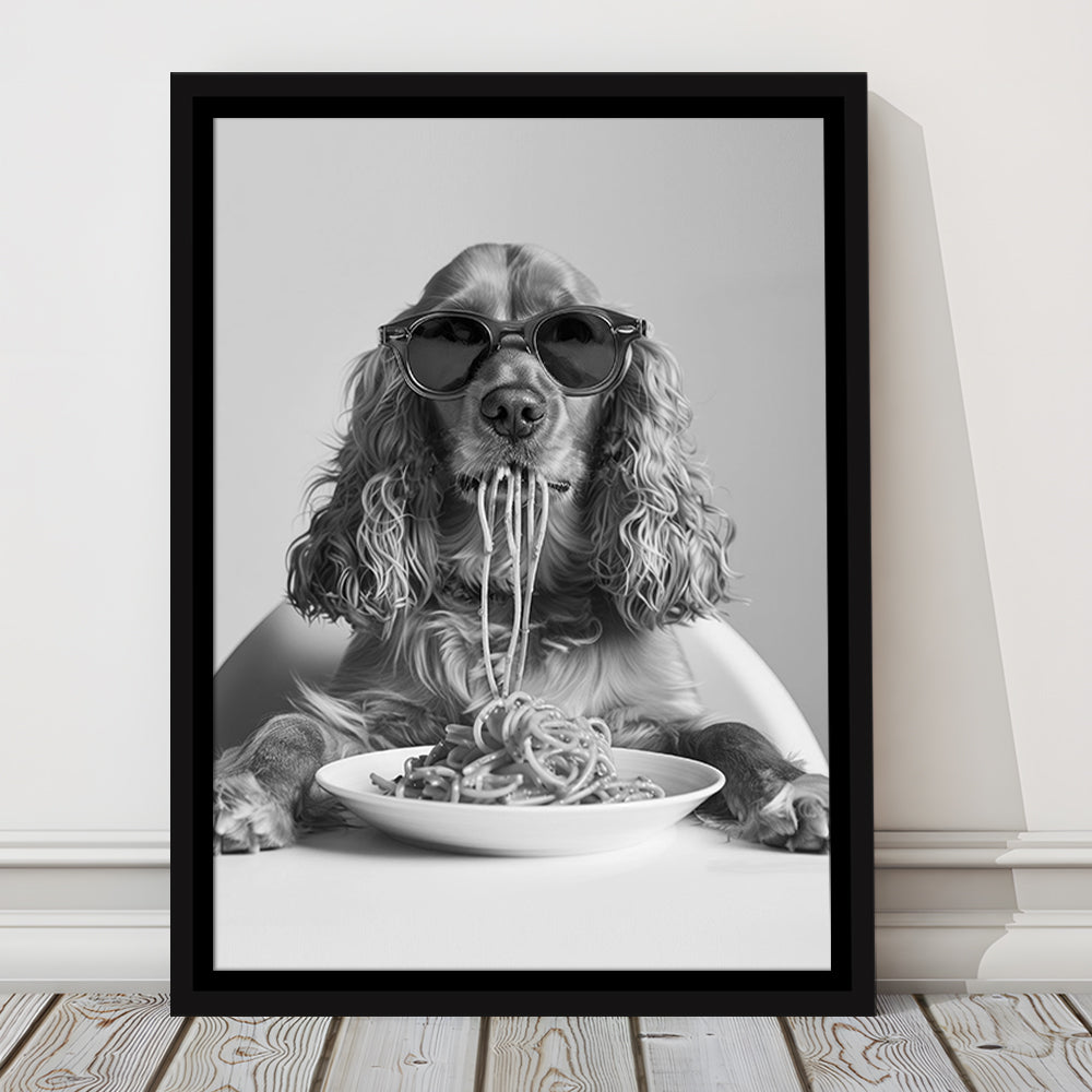 Cocker Spaniel Eating Pasta Framed Canvas Print Wall Art, Spaghetti Print, Black and White, Food Print, Kitchen Wall Decor