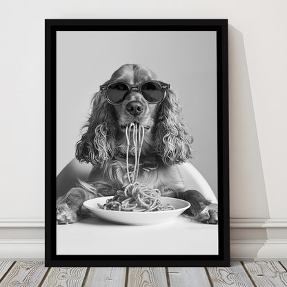 Cocker Spaniel Eating Pasta Framed Canvas Print Wall Art, Spaghetti Print, Black and White, Food Print, Kitchen Wall Decor