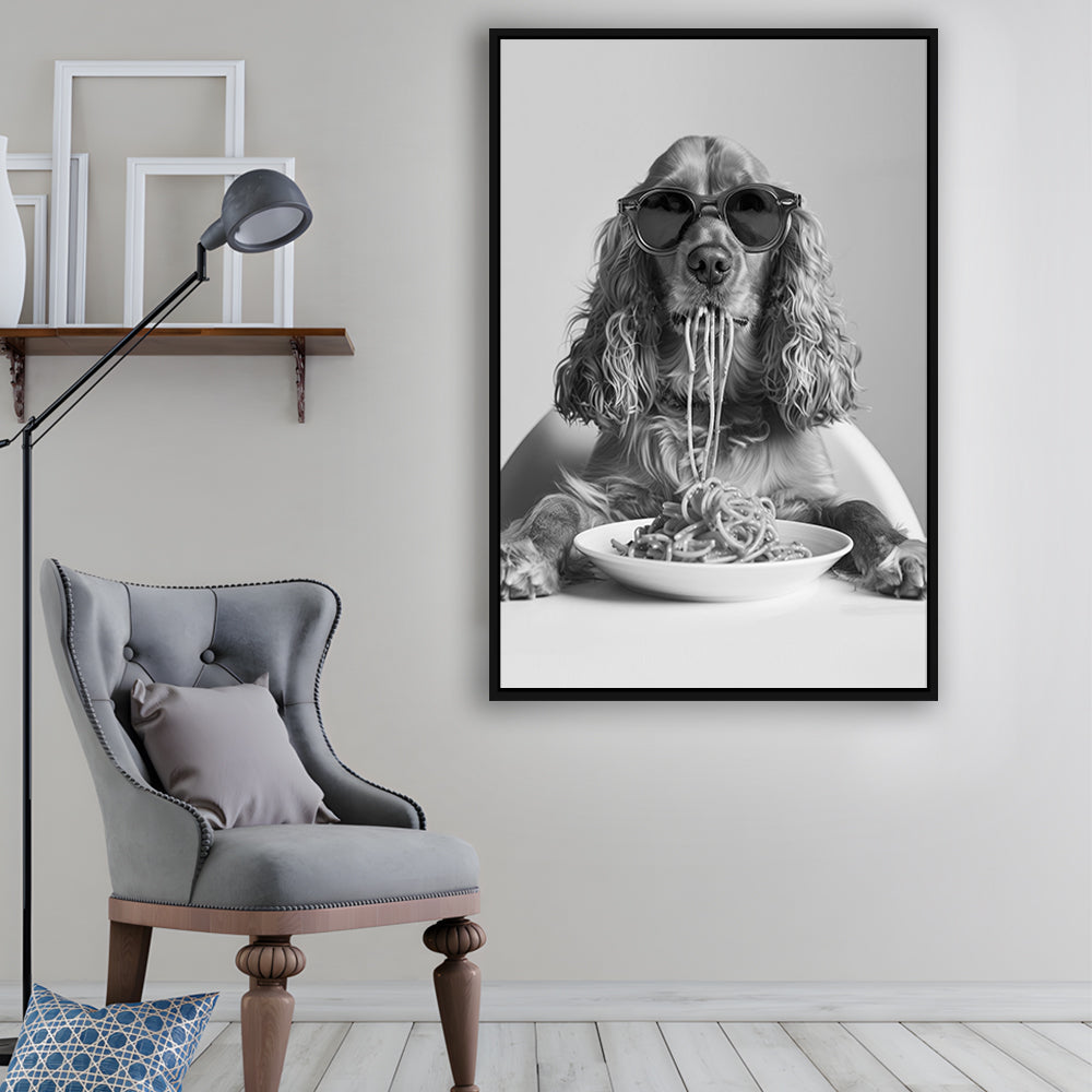 Cocker Spaniel Eating Pasta Framed Canvas Print Wall Art, Spaghetti Print, Black and White, Food Print, Kitchen Wall Decor