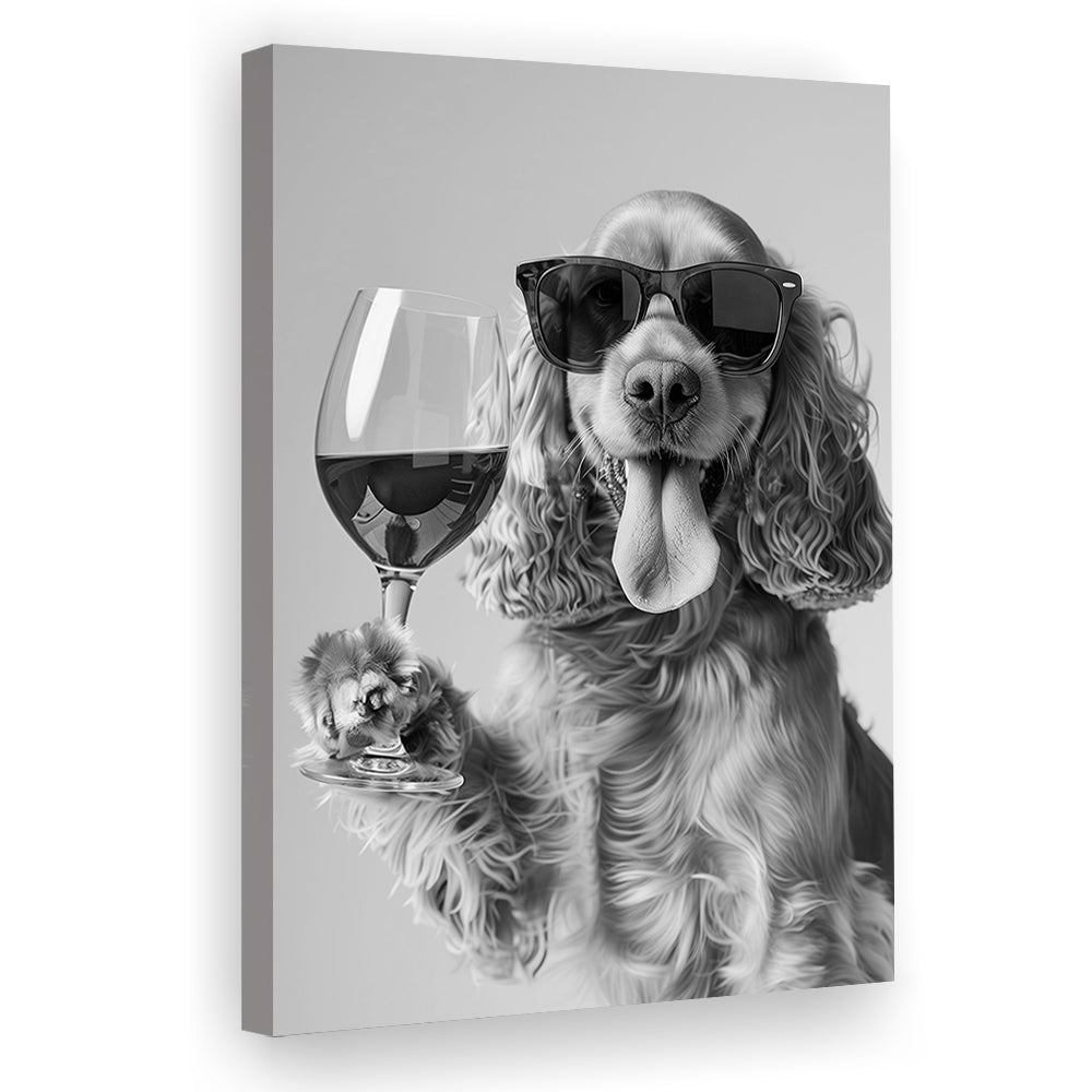 Cocker Spaniel and Wine Canvas Print Wall Art, Black and White, Cocker Spaniel Bar Cart Print, Bar Decor, Kitchen Decor