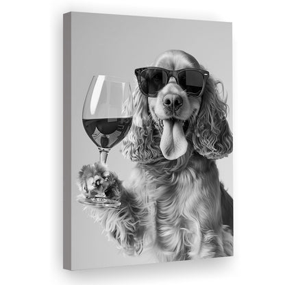 Cocker Spaniel and Wine Canvas Print Wall Art, Black and White, Cocker Spaniel Bar Cart Print, Bar Decor, Kitchen Decor