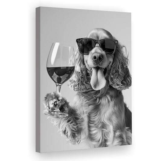 Cocker Spaniel and Wine Canvas Print Wall Art, Black and White, Cocker Spaniel Bar Cart Print, Bar Decor, Kitchen Decor