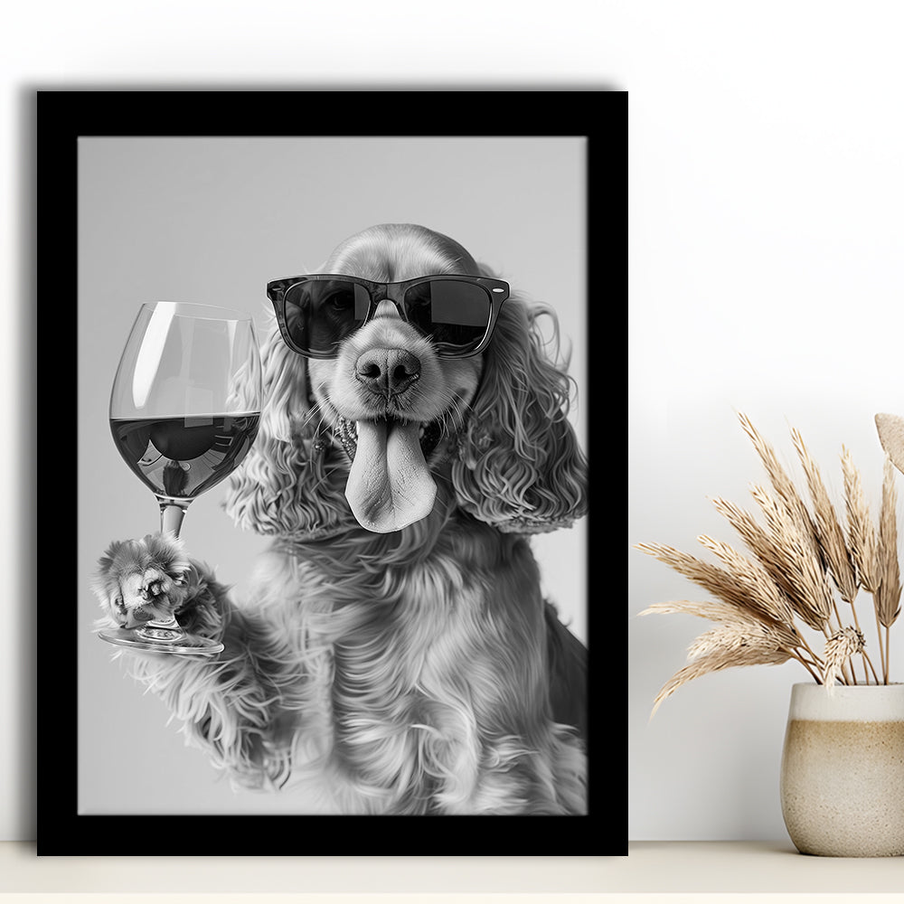 Cocker Spaniel and Wine Framed Art Print Wall Decor, Black and White, Cocker Spaniel Bar Cart Print, Kitchen Decor